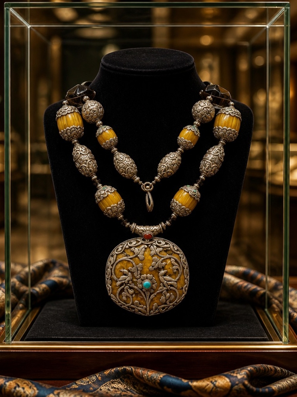 Tibetan large Amber , hand made sterling Filigree Statement Necklace